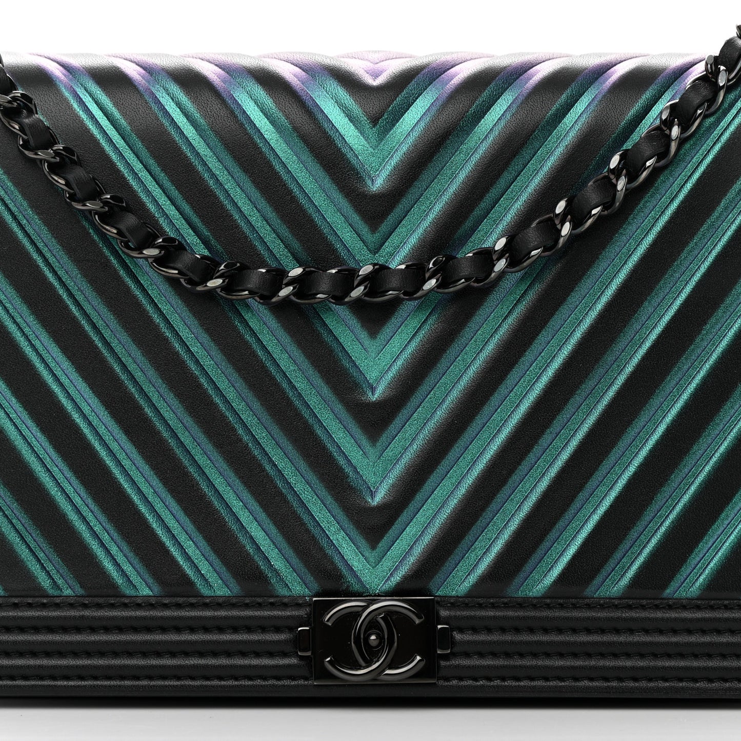 Calfskin Painted Chevron Embossed Boy Wallet On Chain WOC Black