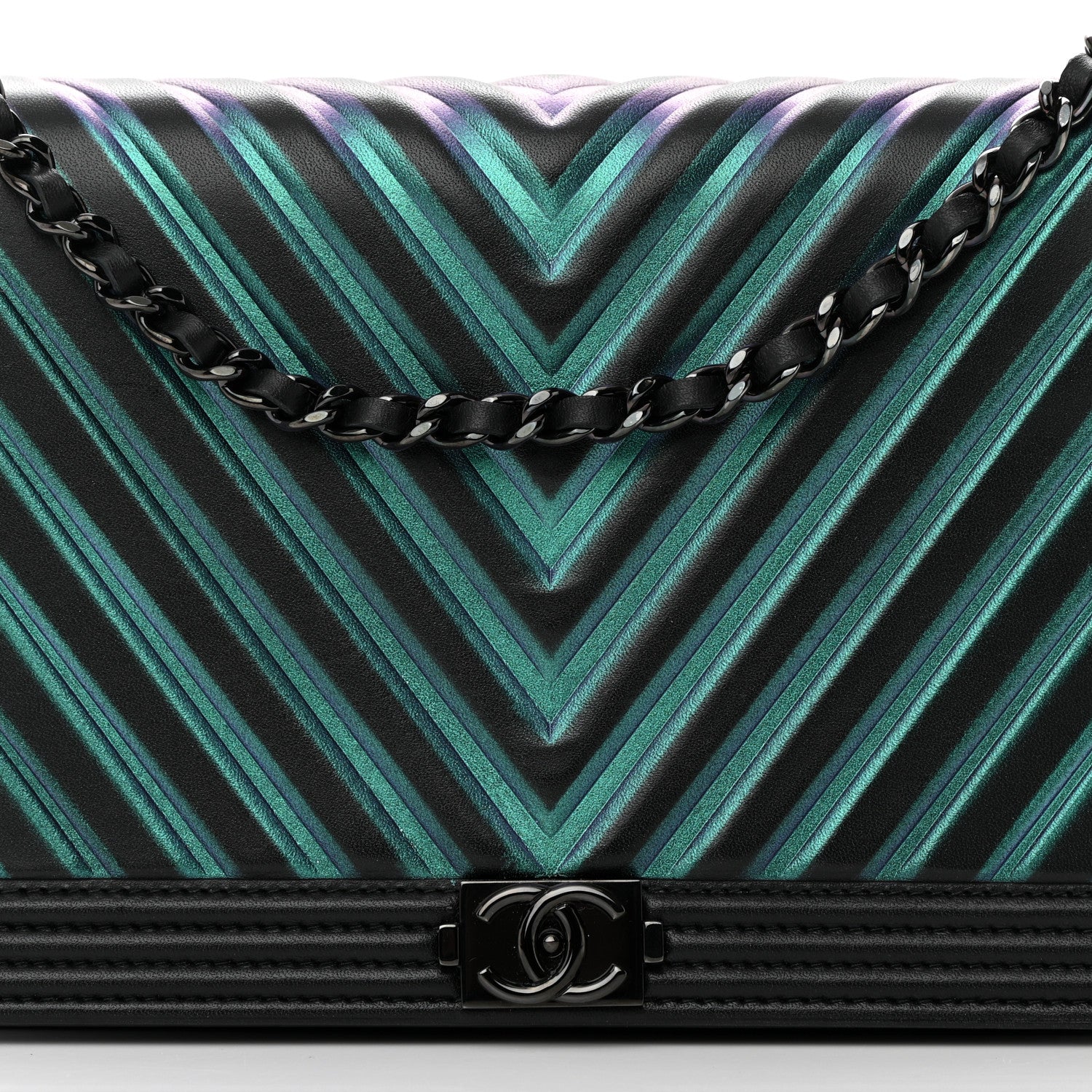 Chanel Calfskin Painted Chevron Embossed Boy Wallet On Chain WOC Black 9 of 15