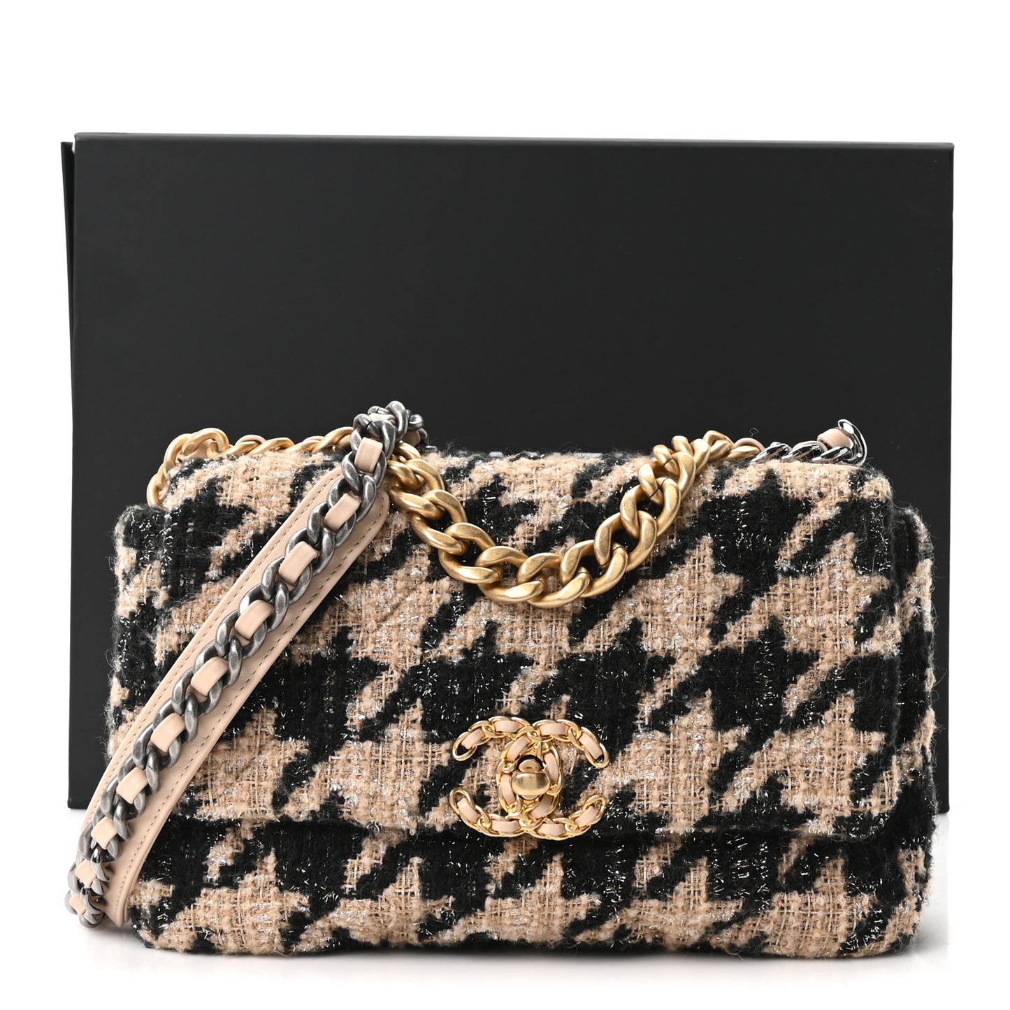 Tweed Houndstooth Quilted Medium Chanel 19 Flap Beige Black