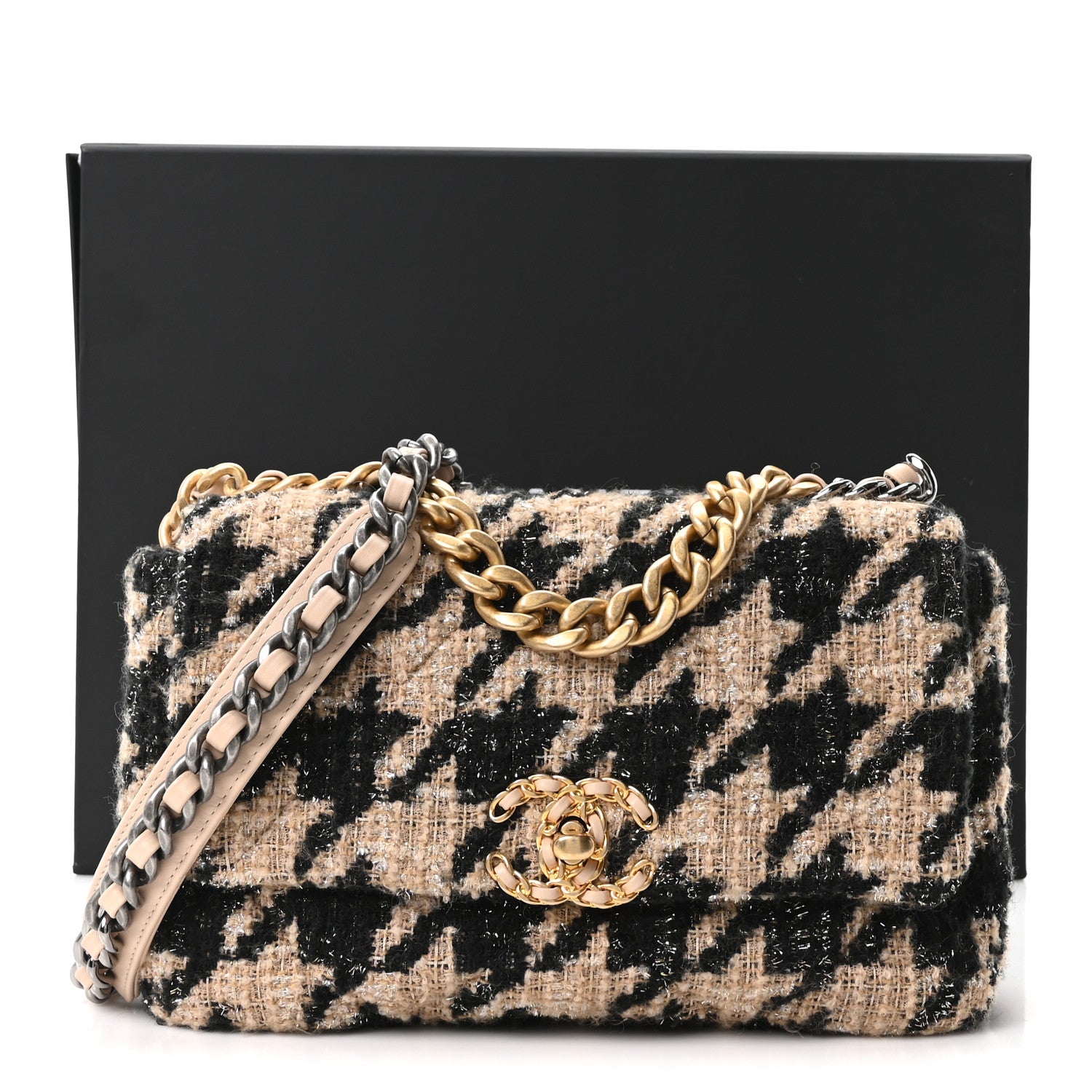 Chanel Tweed Houndstooth Quilted Medium Chanel 19 Flap Beige Black 11 of 11