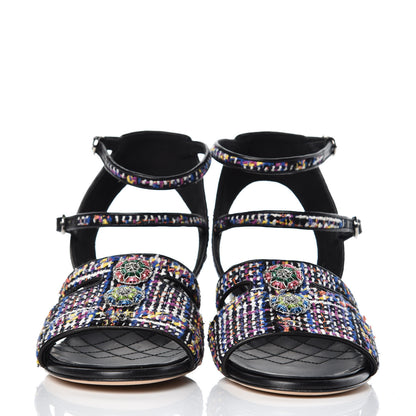 Chanel Tweed Lambskin Sandals 39 Black Blue Yellow Fuchsia 2 of 10