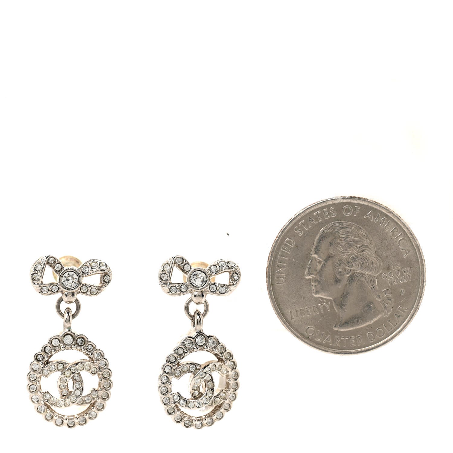 Chanel Crystal CC Bow Round Drop Earrings Silver 2 of 4