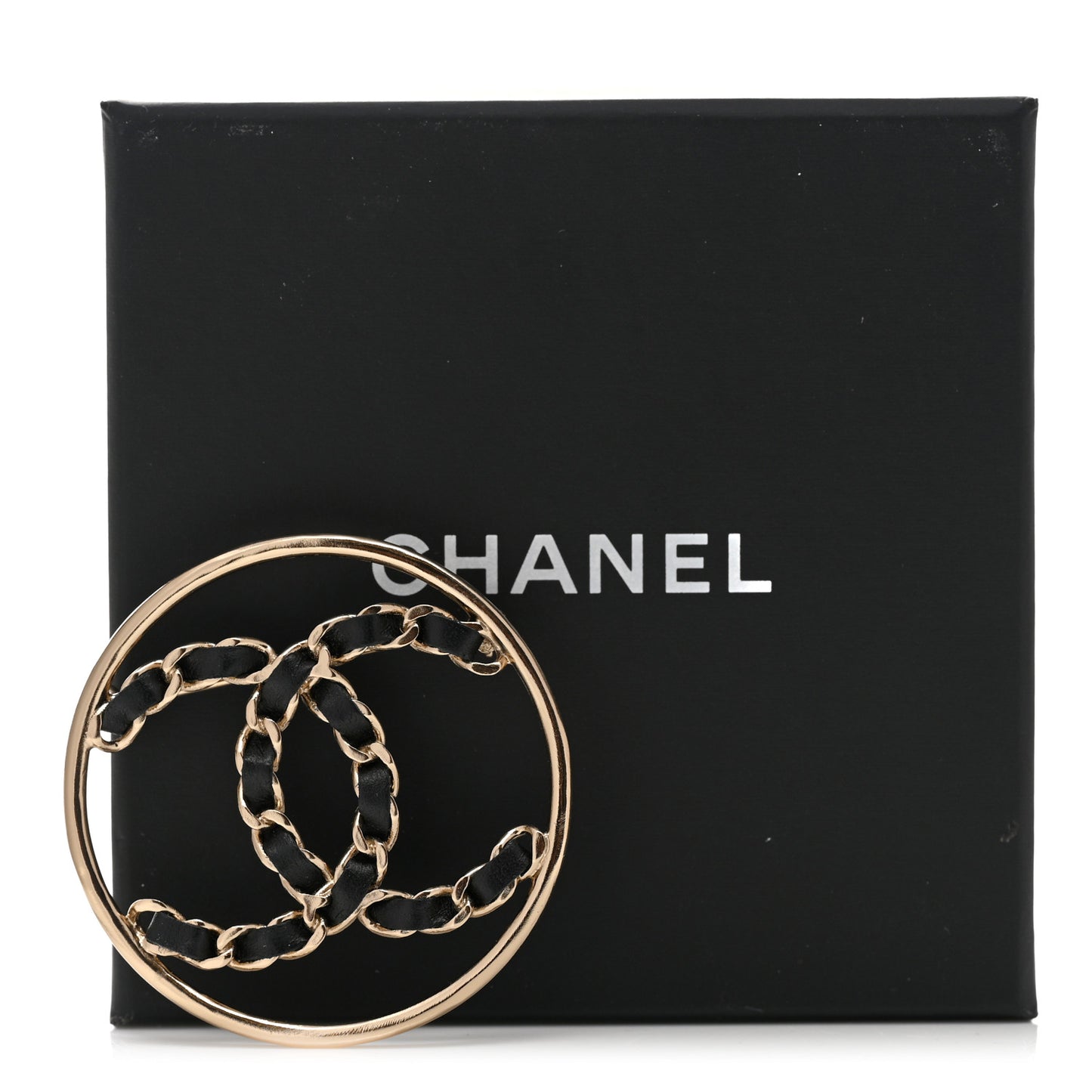 Lambskin Chain CC Round Brooch Black Gold