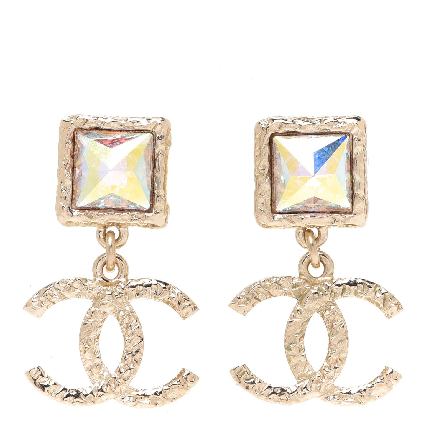 Iridescent Baguette Crystal CC Drop Earrings Gold