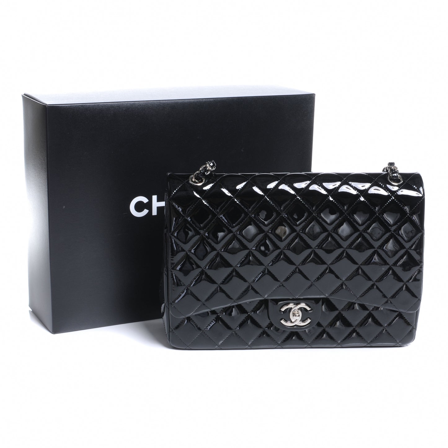 Patent Quilted Maxi Double Flap Black