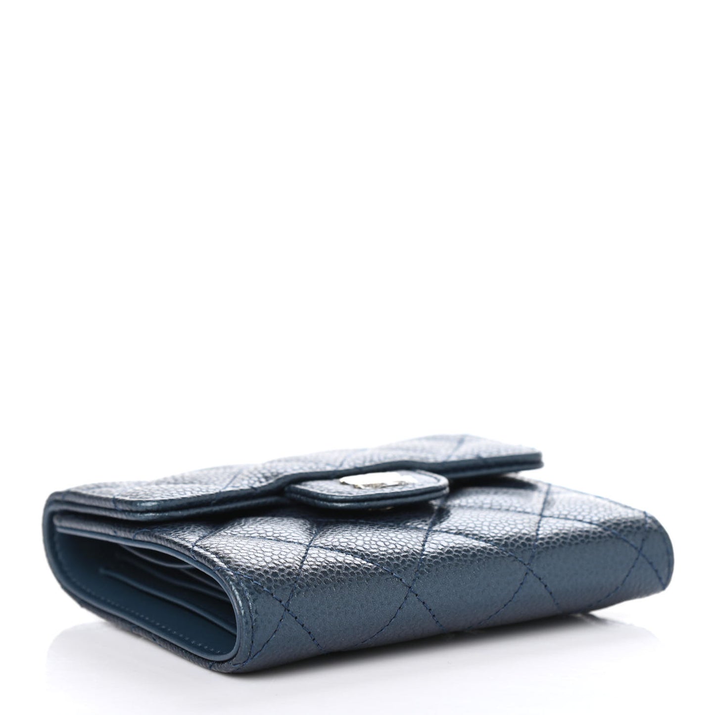 Metallic Caviar Quilted Compact Flap Wallet Navy