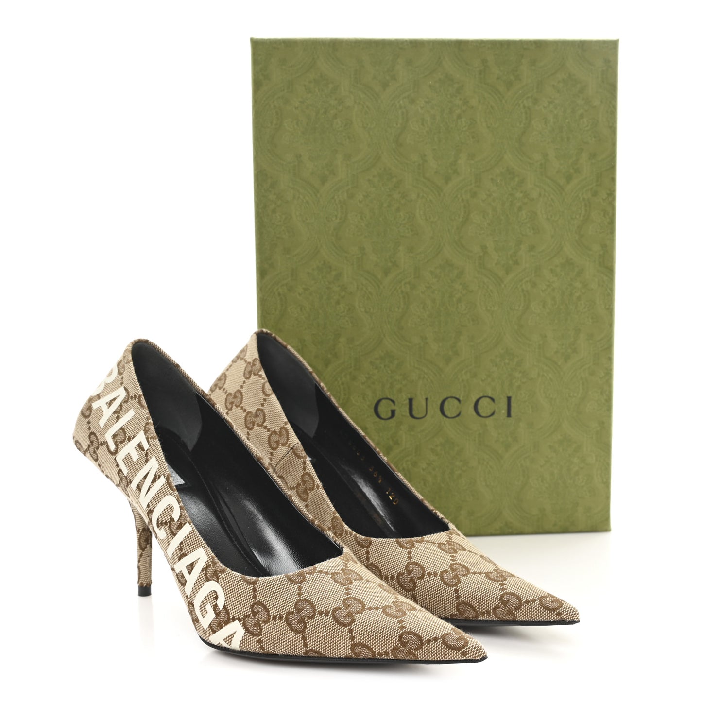 X GUCCI GG Monogram Square Knife 80mm Pumps 36.5 Beige Ebony