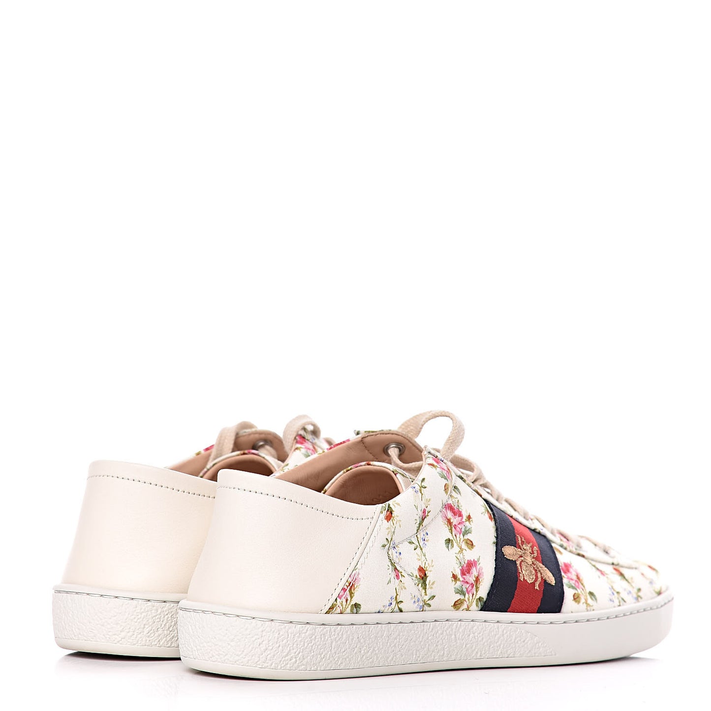 Calfskin Web Rose Print Bee Embroidered Womens Ace Sneakers 39.5 White