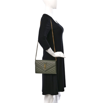 Saint Laurent Grain De Poudre Matelasse Chevron Monogram Chain Wallet Light Sage 2 of 11
