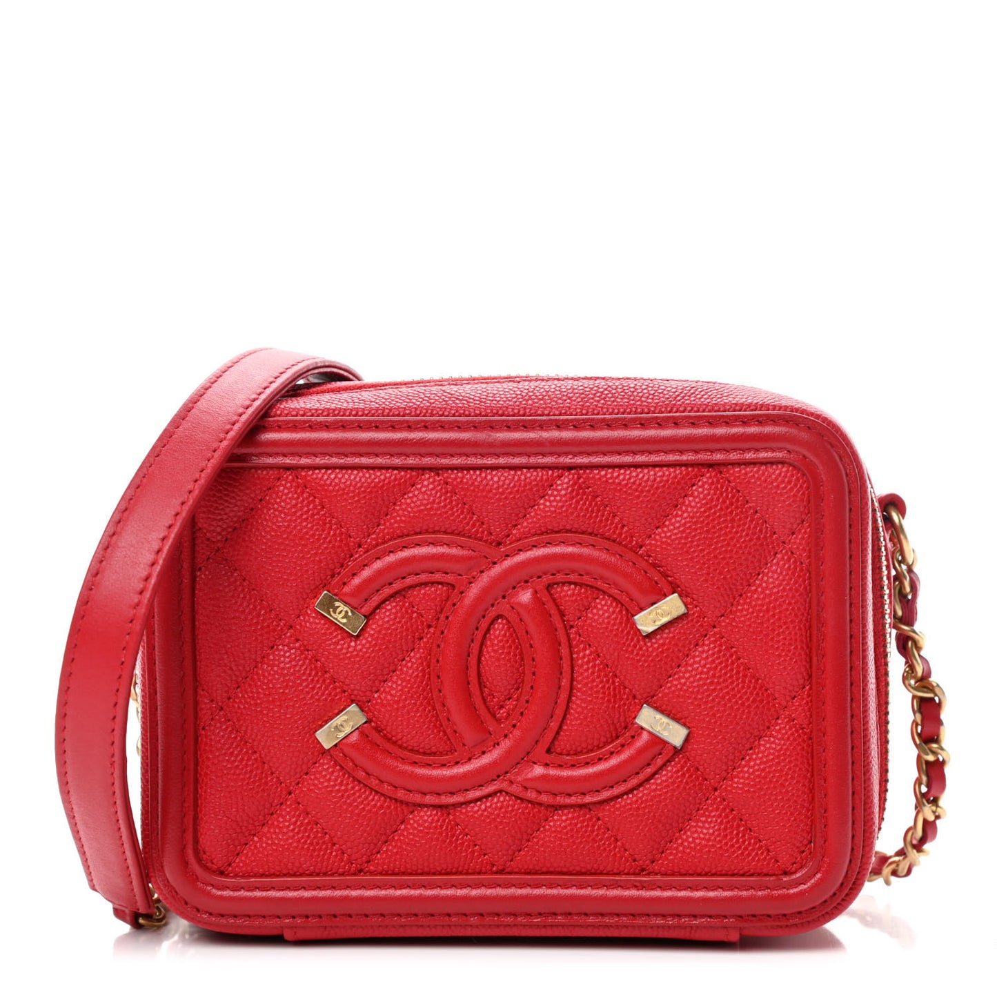 Caviar Quilted Filigree Vanity Clutch With Chain Red