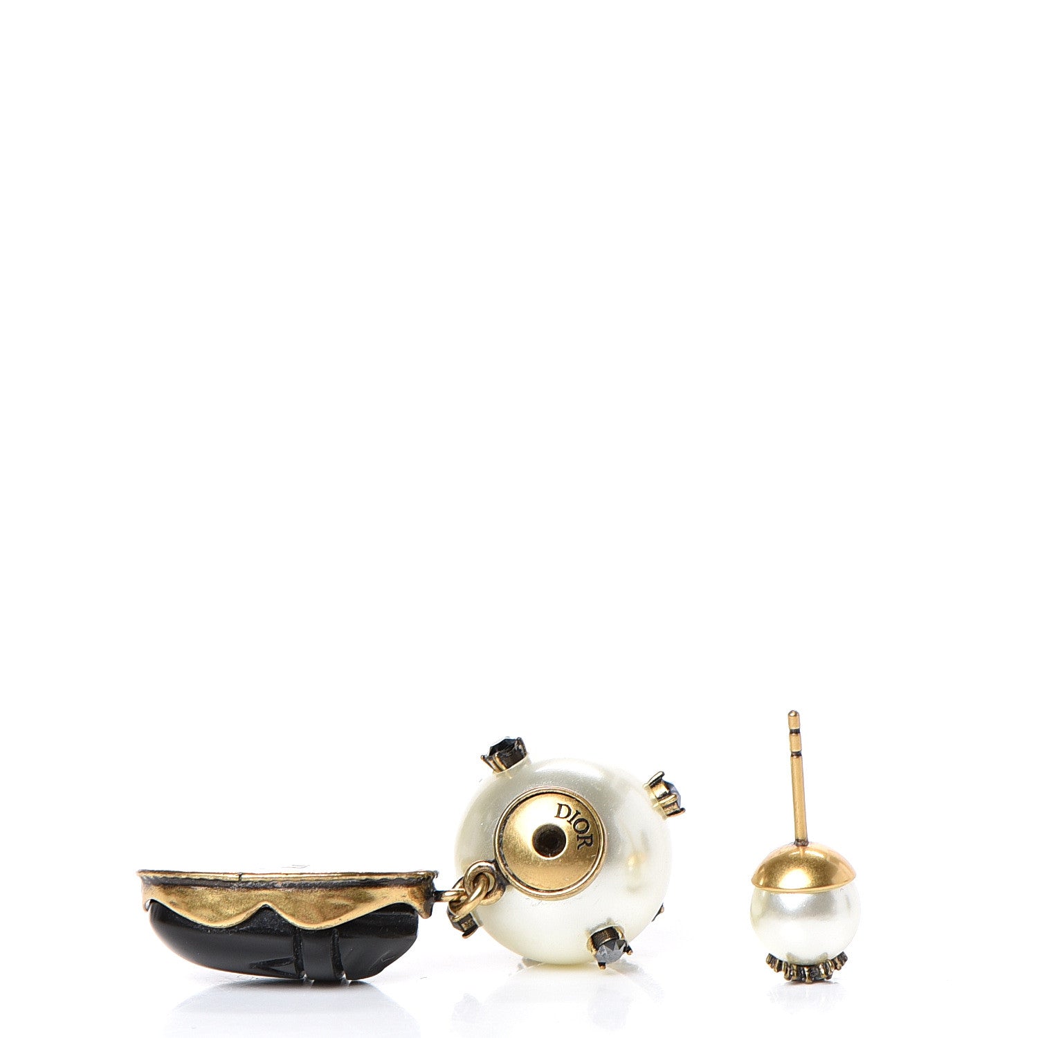Christian Dior Crystal Pearl Tribales Beetle Charm Earring Aged Gold Black 3 of 6
