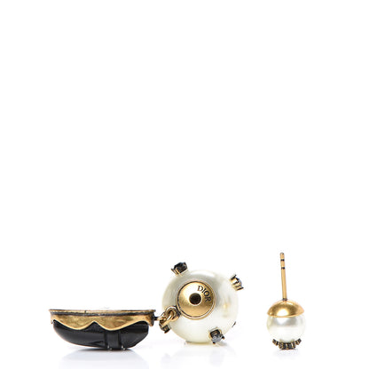 Christian Dior Crystal Pearl Tribales Beetle Charm Earring Aged Gold Black 3 of 6