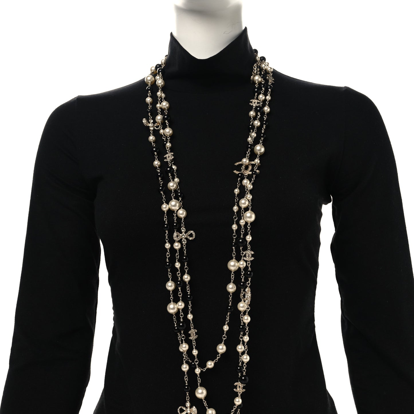 Pearl Beaded Crystal CC Long Necklace Gold Black White