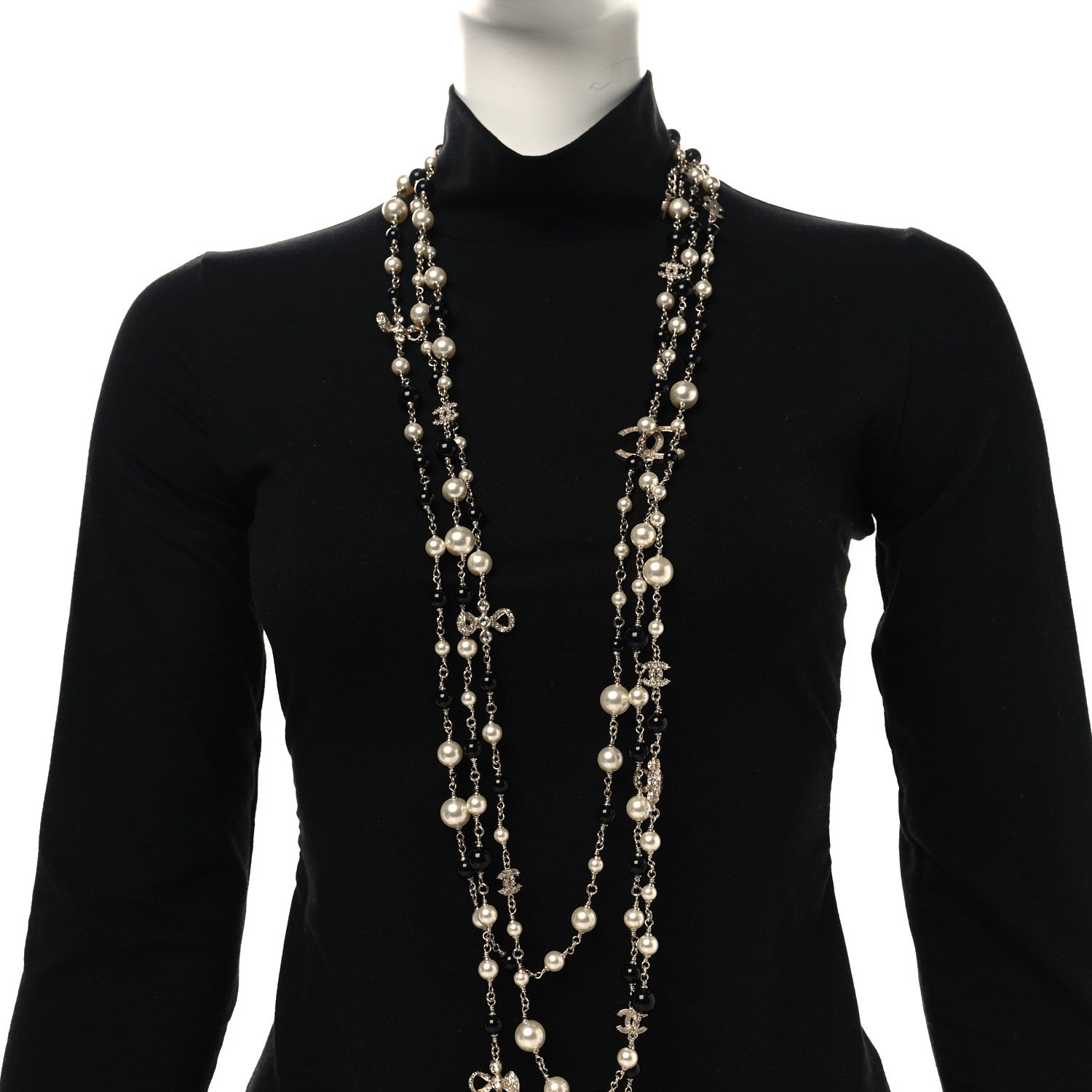 Chanel Pearl Beaded Crystal CC Long Necklace Gold Black White 2 of 5