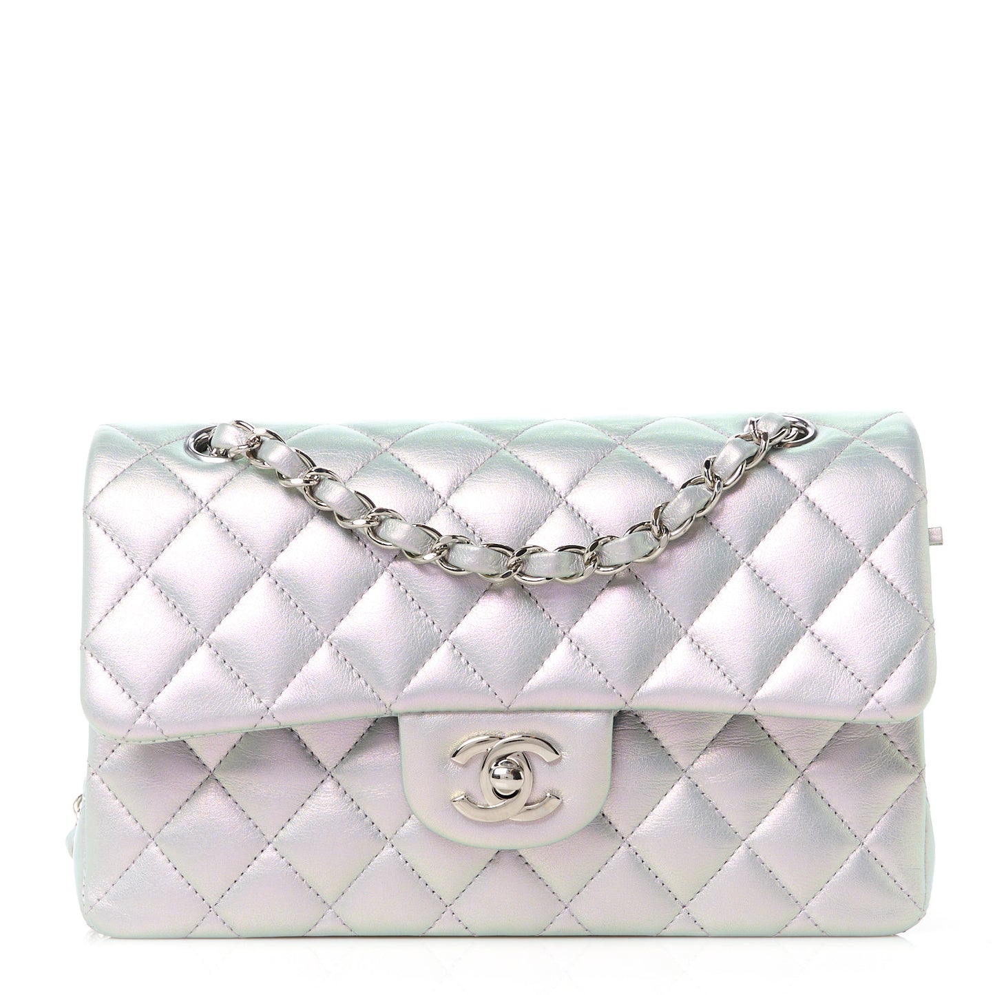 Iridescent Calfskin Quilted Small Double Flap Light Purple