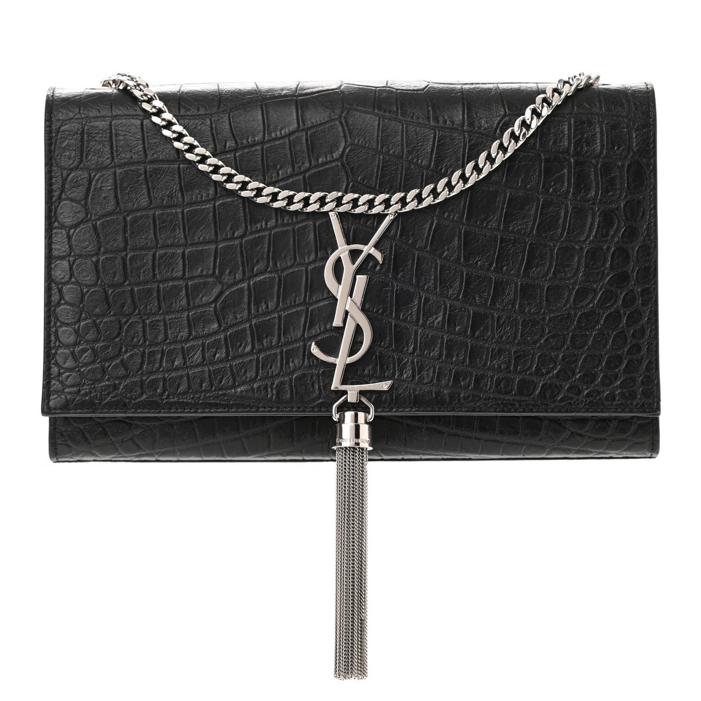 Calfskin Crocodile Embossed Medium Classic Monogram Kate Tassel Satchel Black
