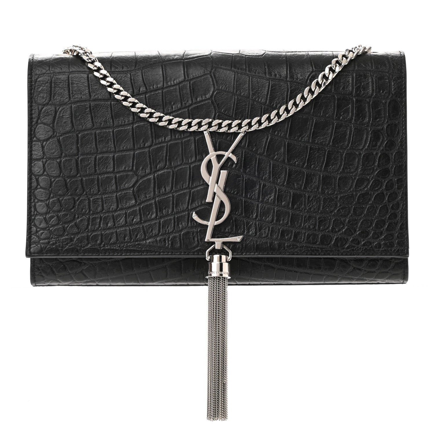 Saint Laurent Calfskin Crocodile Embossed Medium Classic Monogram Kate Tassel Satchel Black 1 of 9