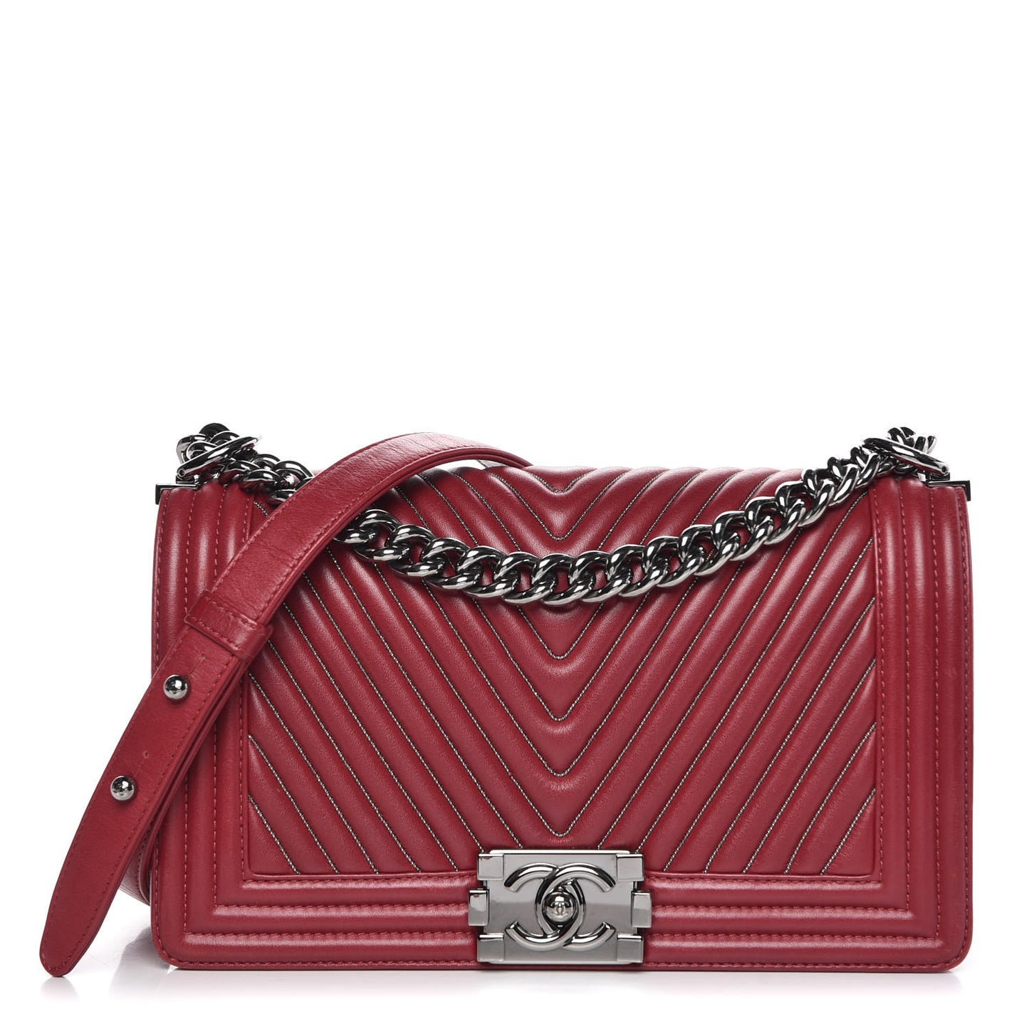 Calfskin Chevron Quilted Medium Chain Boy Flap Red
