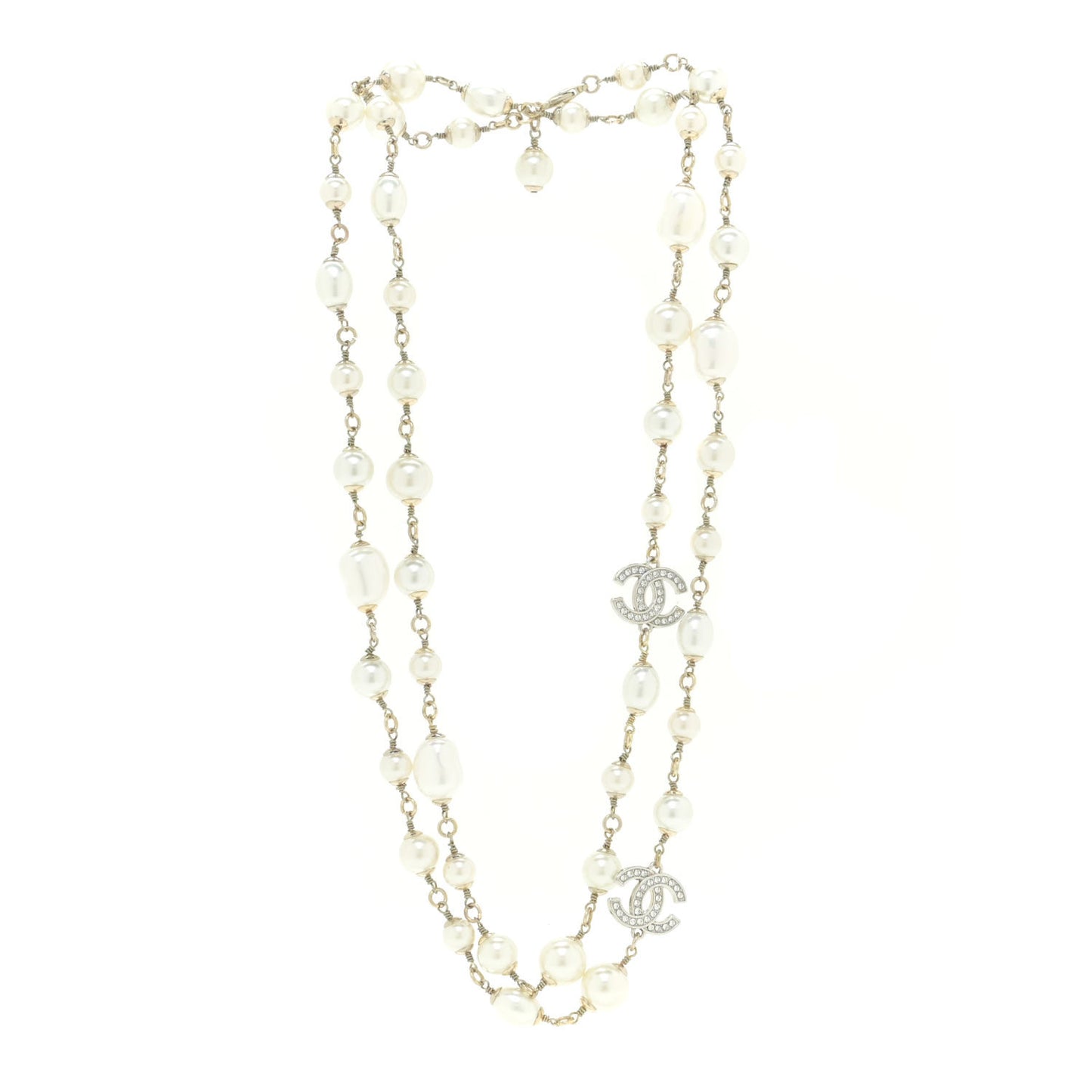 Graduated Pearl Crystal CC Long Necklace Silver