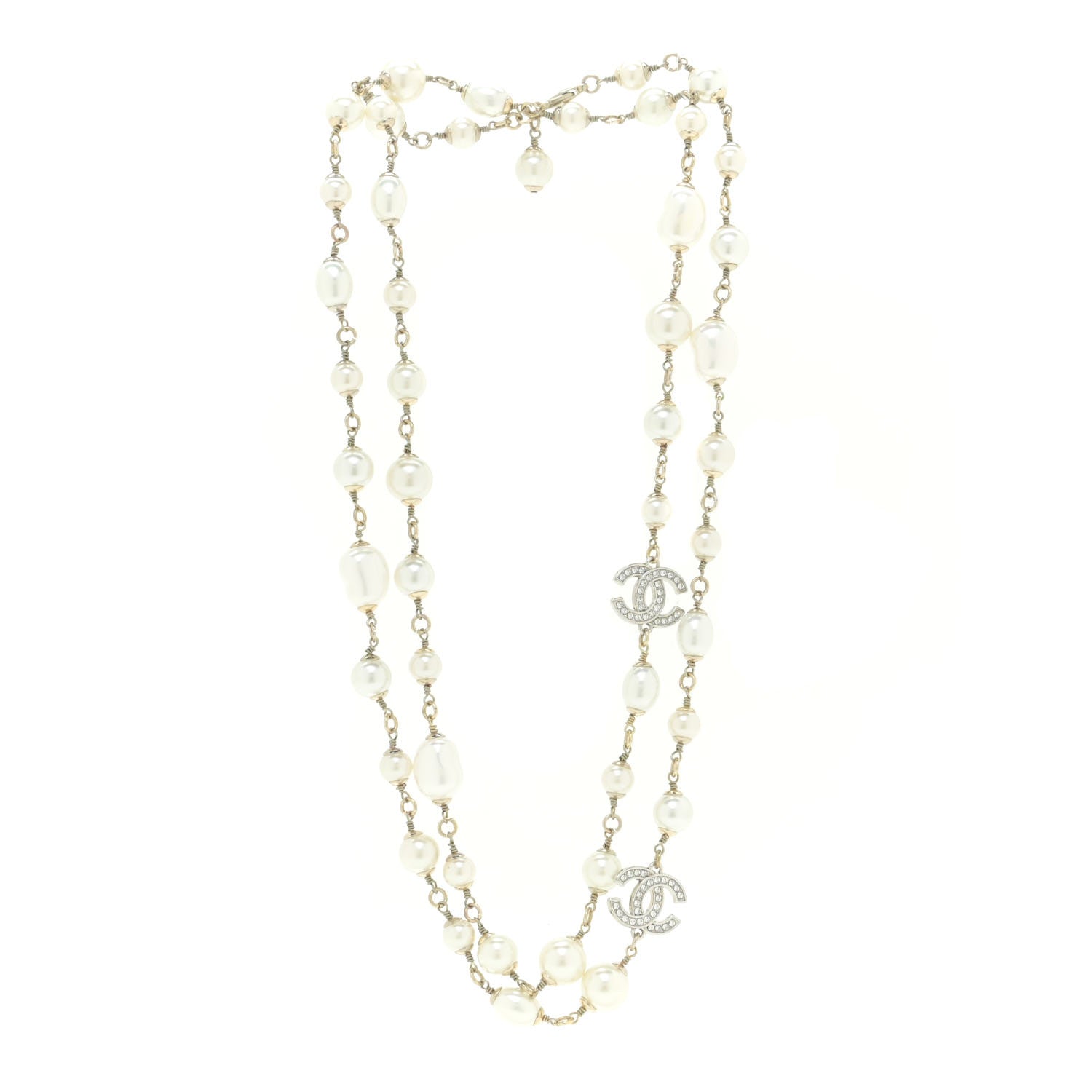 Chanel Graduated Pearl Crystal CC Long Necklace Silver 3 of 6