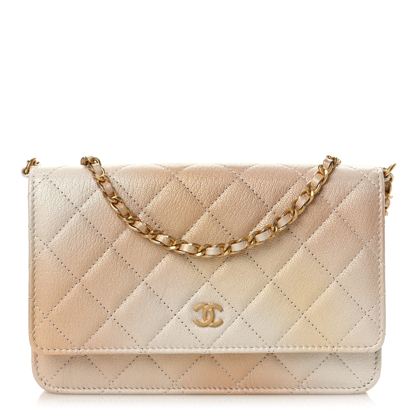Metallic Goatskin Quilted Ombre Wallet On Chain WOC Gold