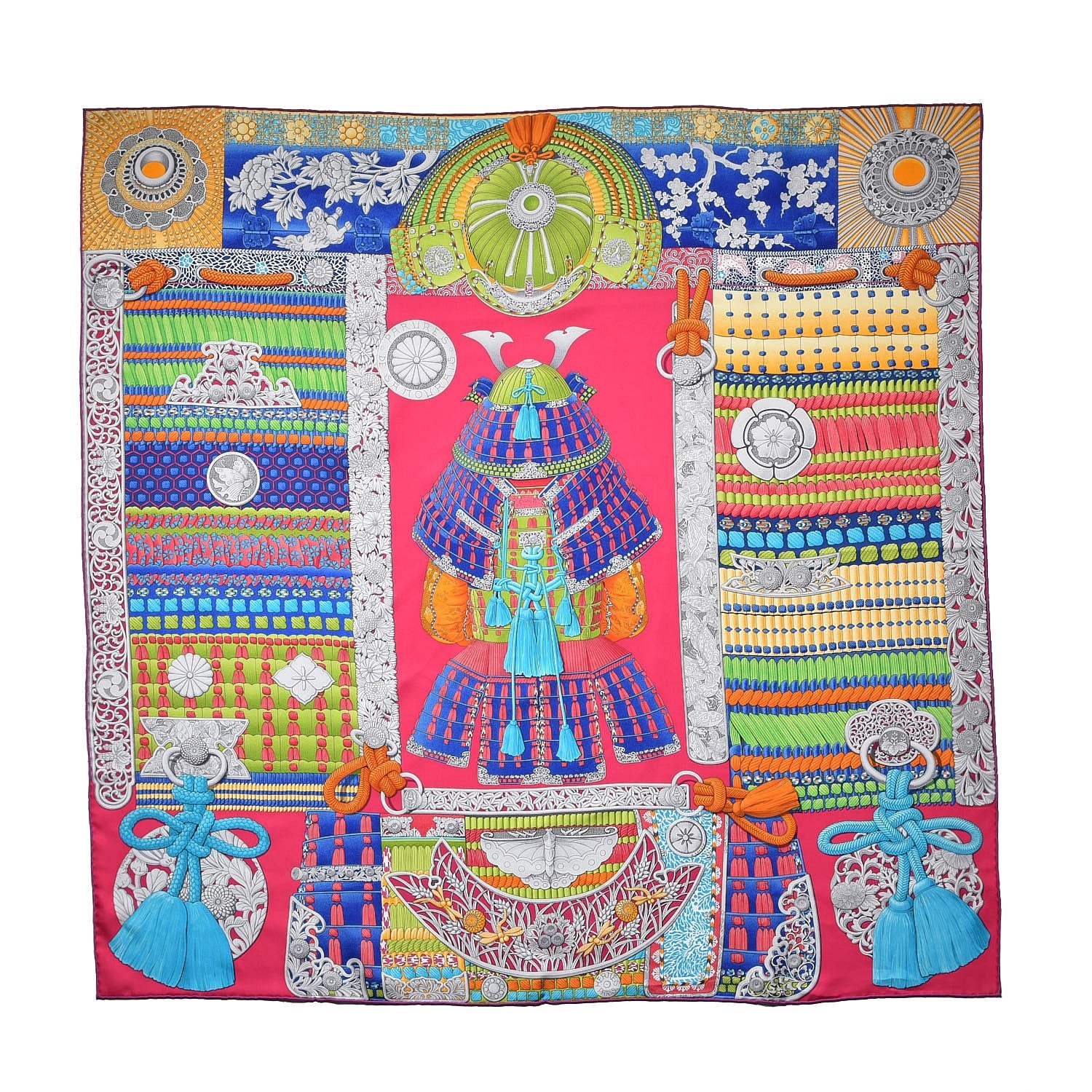Hermes Silk Parures de Samouraïs Scarf 90 Rose Indien Vert Turquoise 1 of 5
