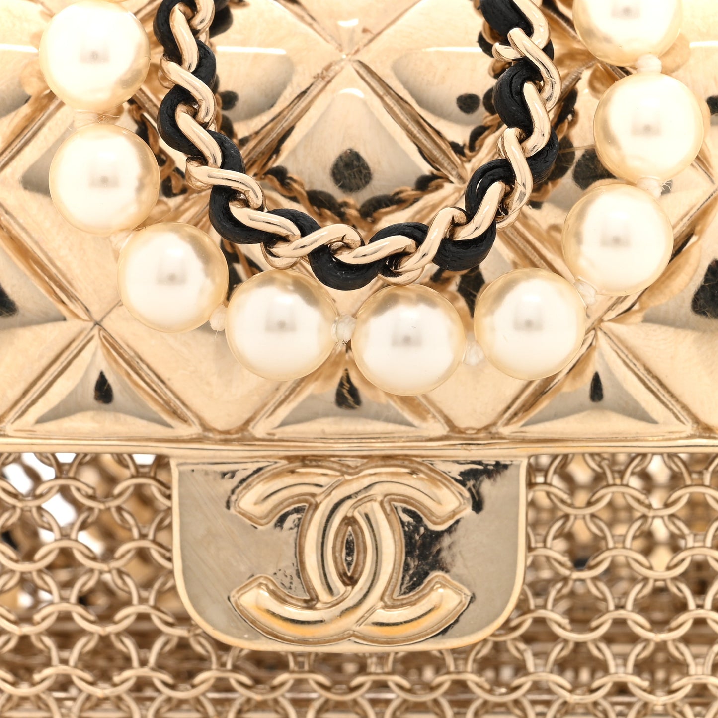 Metal Lambskin Pearl Chain Flap Bag Long Necklace Gold Black Pearly White
