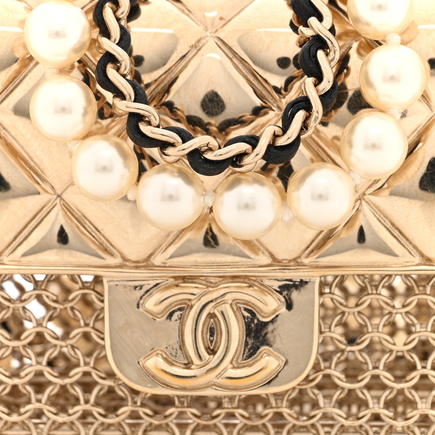 Chanel Metal Lambskin Pearl Chain Flap Bag Long Necklace Gold Black Pearly White 7 of 9