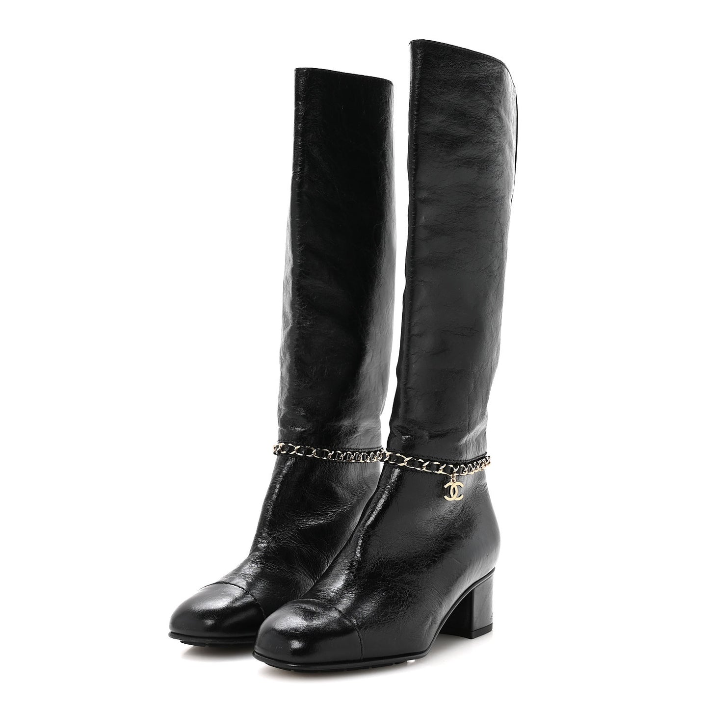 Crumpled Calfskin Cap Toe Chain Boots 36 Black