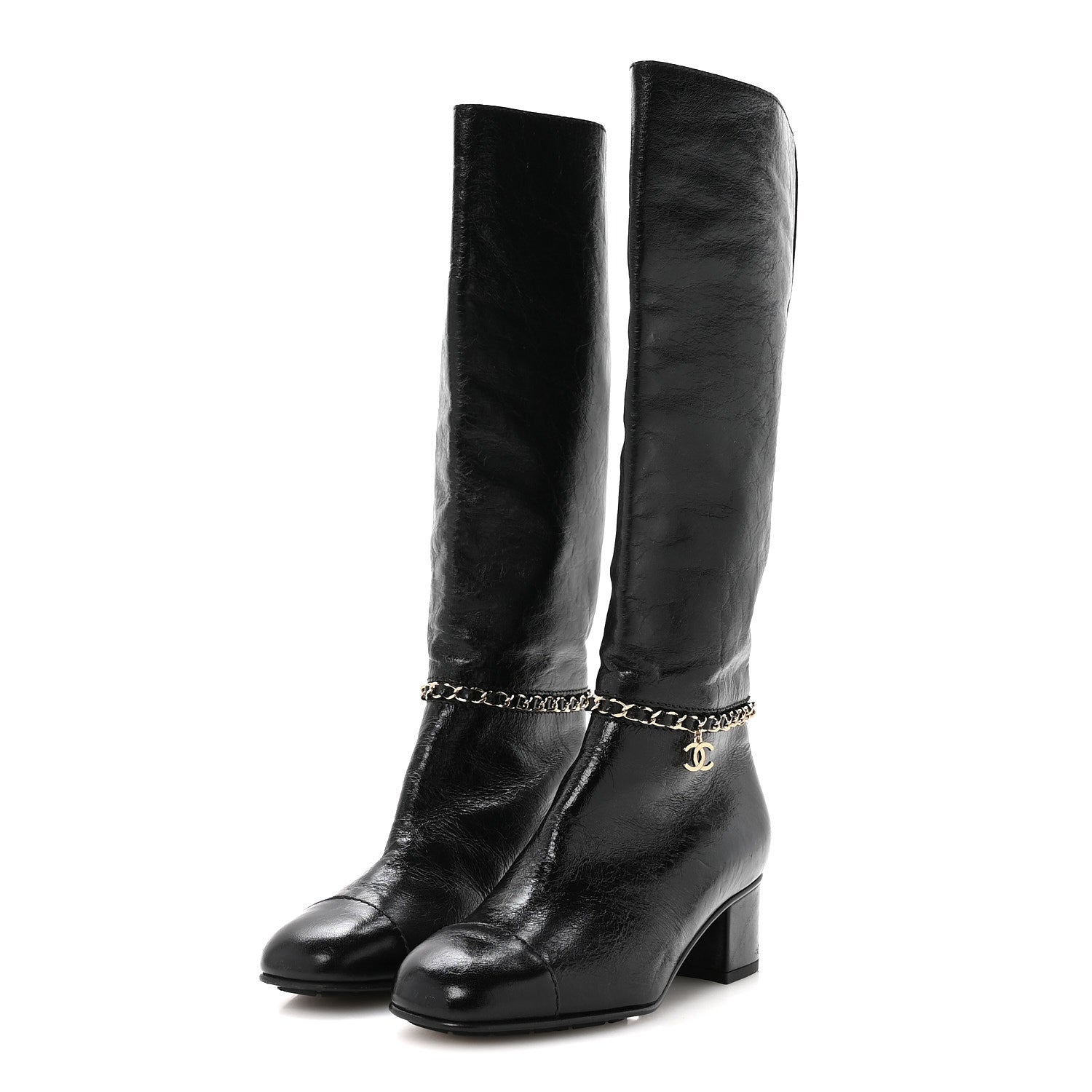 Chanel Crumpled Calfskin Cap Toe Chain Boots 36 Black 4 of 8