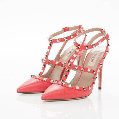Valentino Garavani Pebbled Calfskin Rockstud Ankle Strap 100mm Pumps 39 Deep Coral 3 of 6