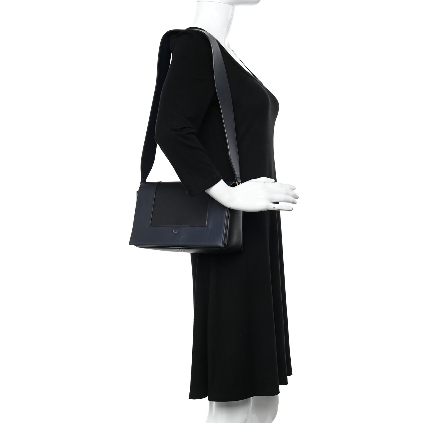Shiny Smooth Calfskin Medium Frame Shoulder Bag Black Navy