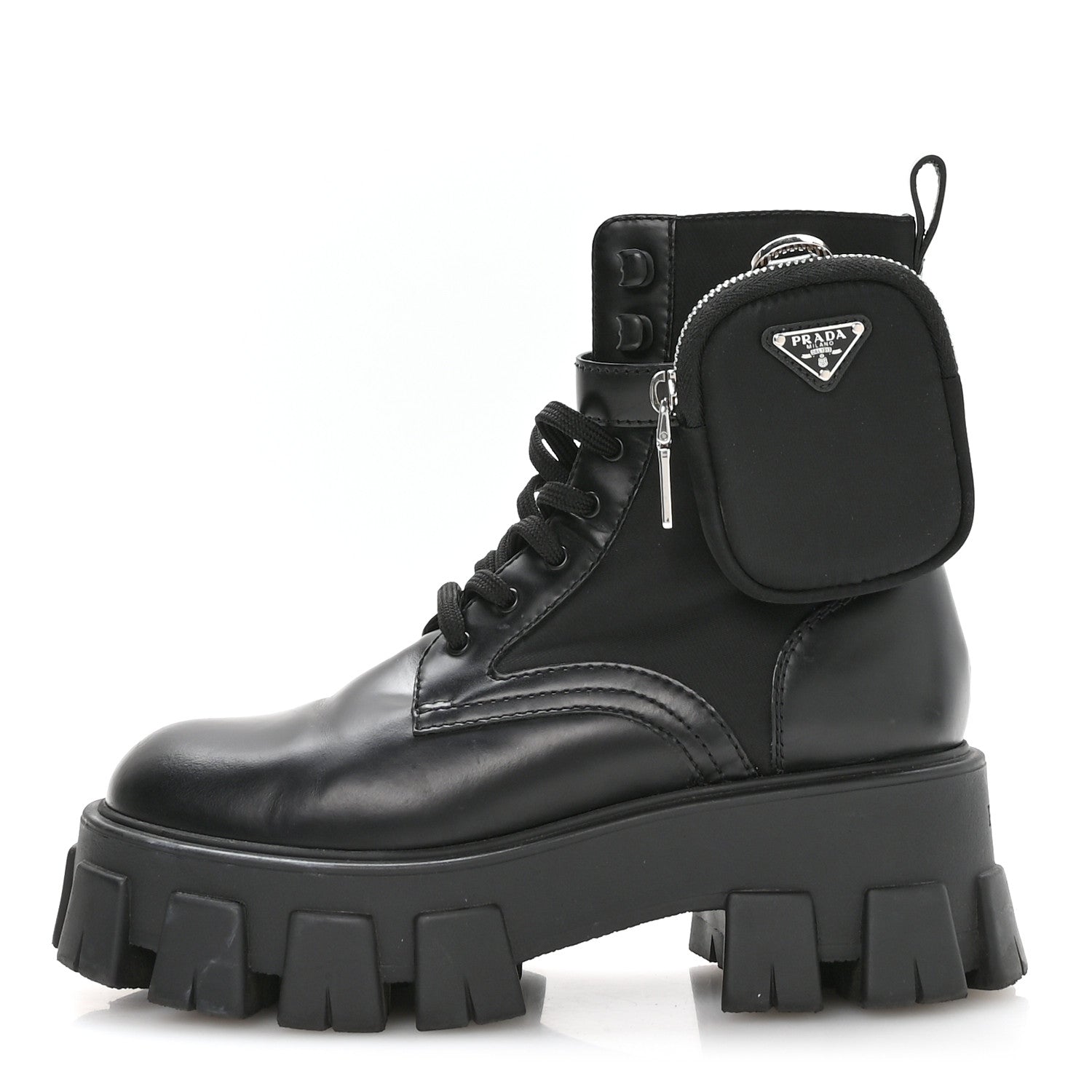 Prada Spazzolato Rois Nylon Metal Triangle Logo Monolith Pouch Pocket 55mm Boots 37 Black 1 of 16