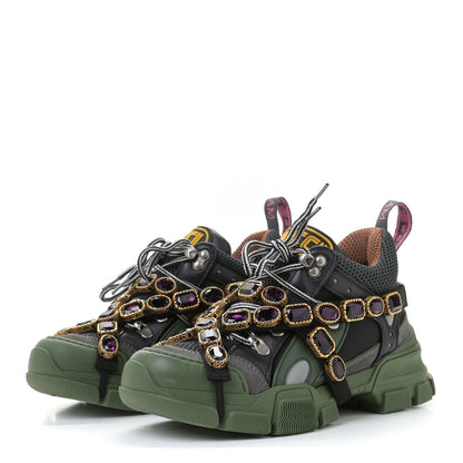 Gucci X SEGA Mesh Suede Calfskin Removable Crystals Flashtrek Sneakers 36 Loess Black Olive Green 2 of 12