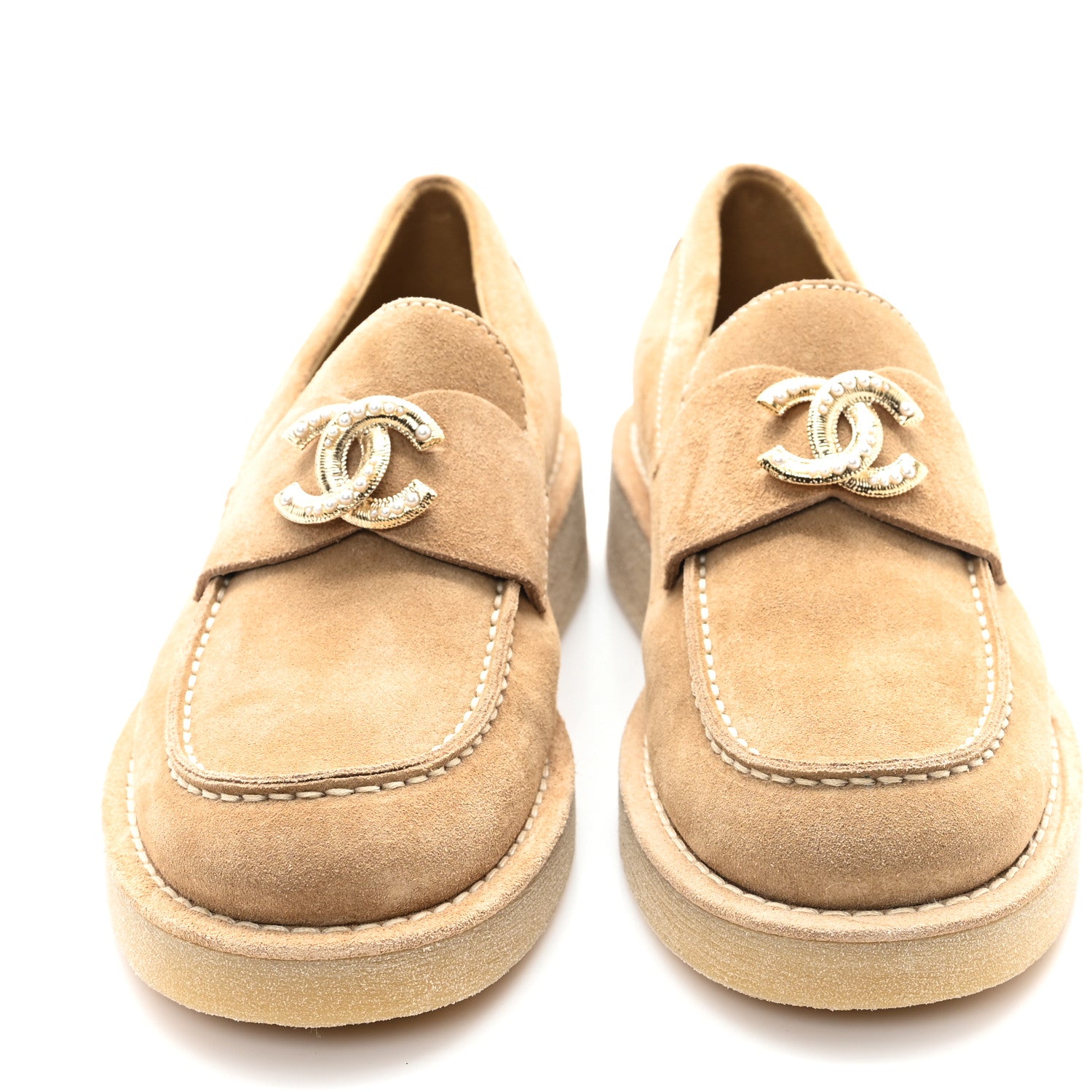 Chanel Suede Calfskin Pearl CC Moccasin Loafers 36.5 Dark Beige
