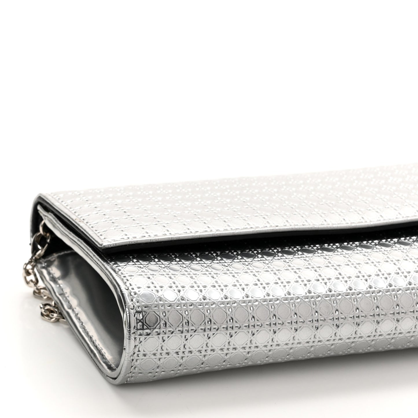 Metallic Patent Micro-Cannage Lady Dior Croisiere Chain Wallet Silver