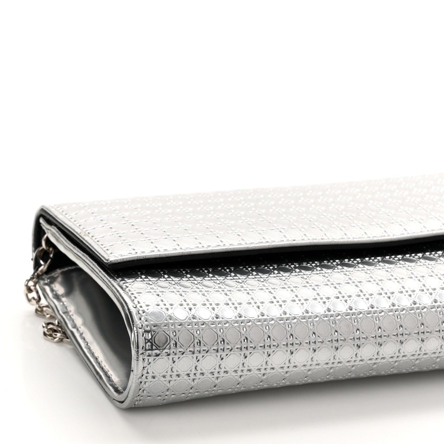Christian Dior Metallic Patent Micro-Cannage Lady Dior Croisiere Chain Wallet Silver 8 of 9