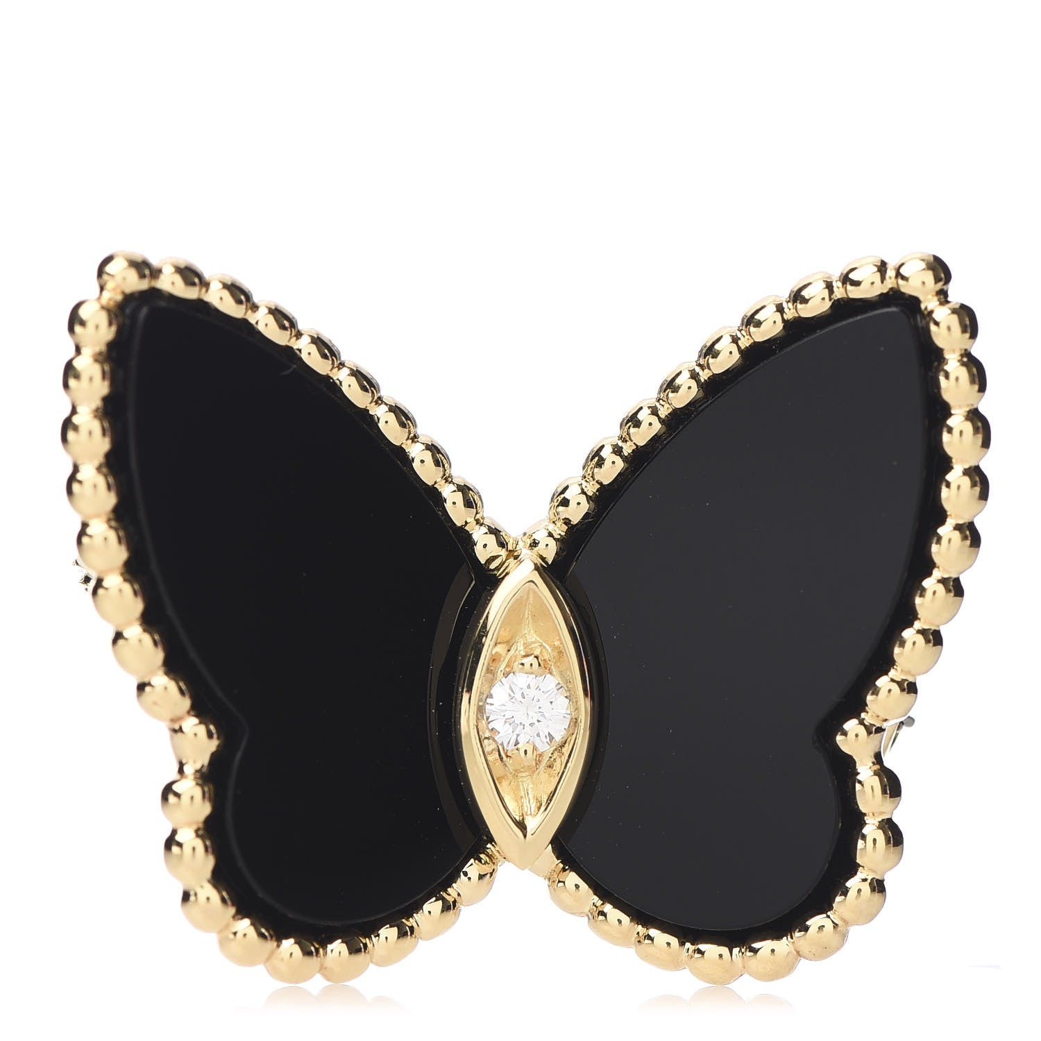 Van Cleef & Arpels 18K Yellow Gold Diamond Black Onyx Lucky Alhambra Butterfly Brooch Pin 1 of 4