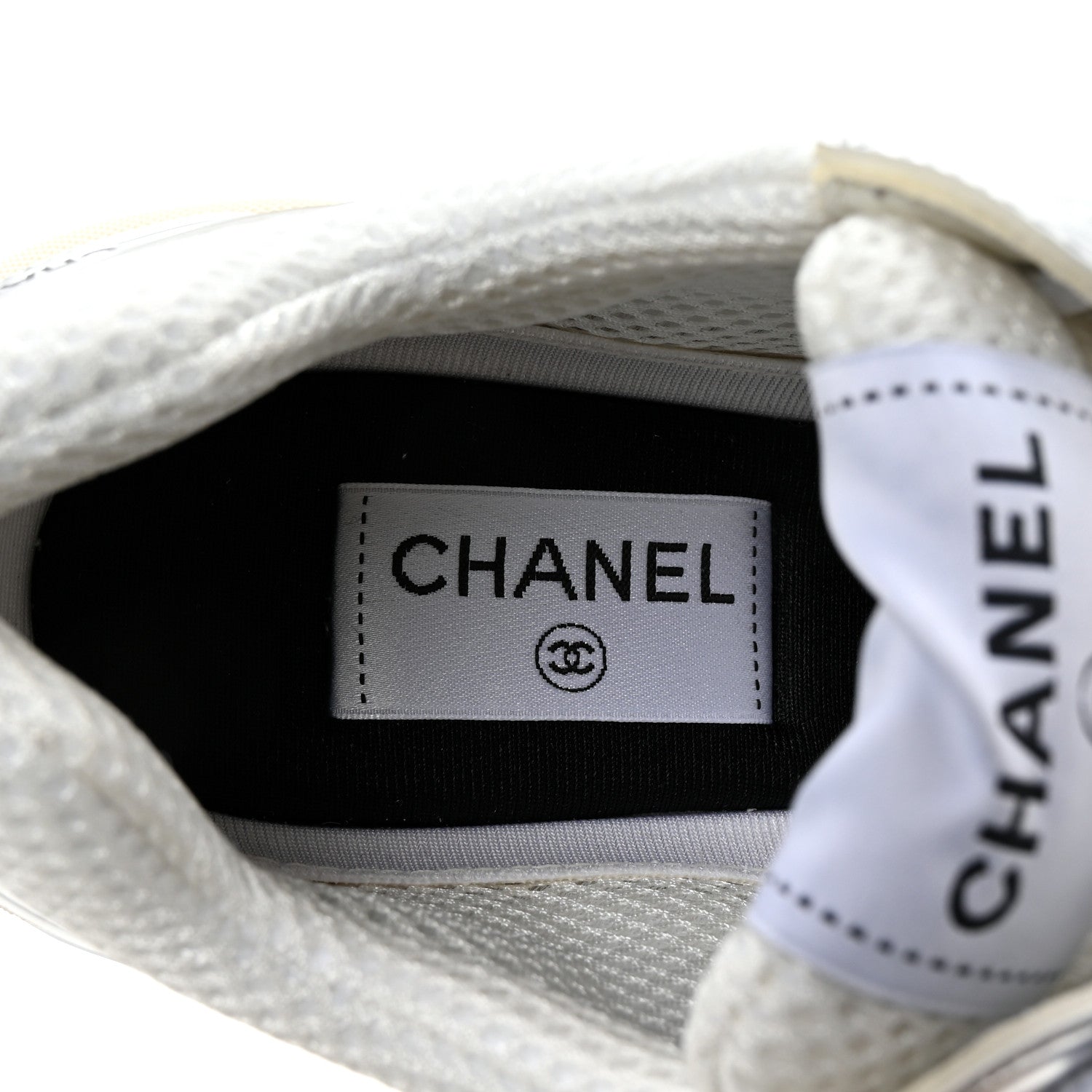 Chanel Fabric Laminated Calfskin Stretch CC Womens Sneakers 38.5 Ivory White Silver 8 of 10