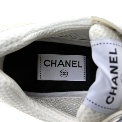 Chanel Fabric Laminated Calfskin Stretch CC Womens Sneakers 38.5 Ivory White Silver 8 of 10