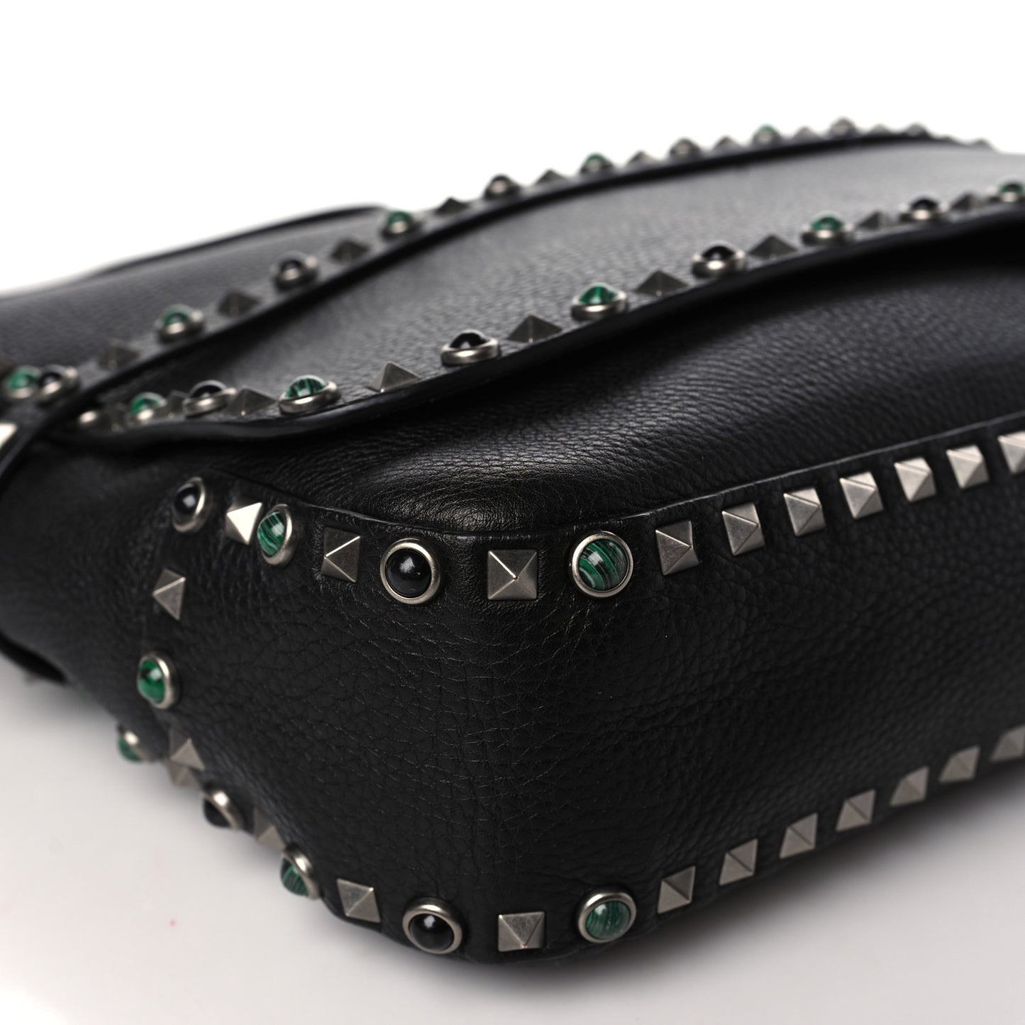 Pebbled Calfskin Rockstud Rolling Flap Messenger Bag Black