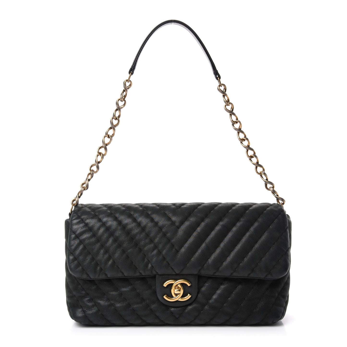 Iridescent Calfskin Surpique Chevron Large Flap Black