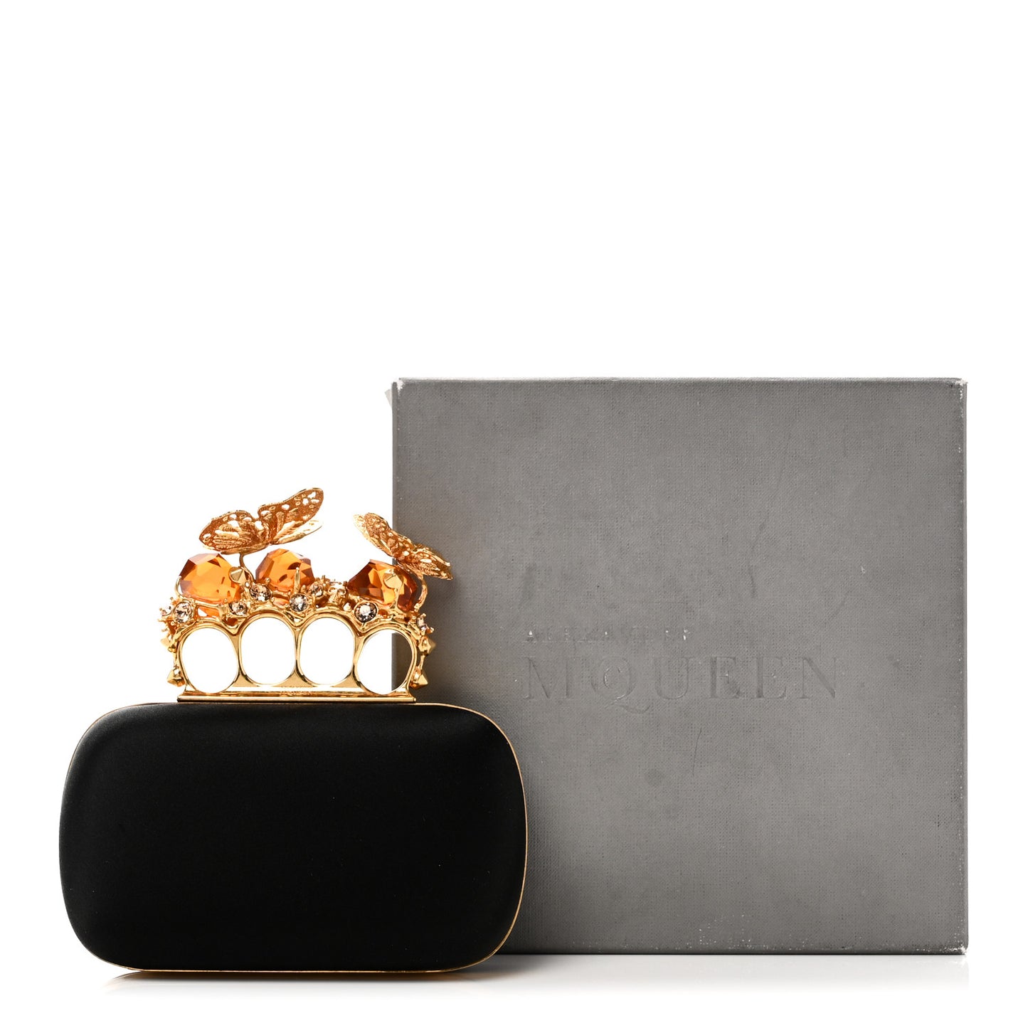 Satin Butterfly Knuckle Duster Box Clutch Black