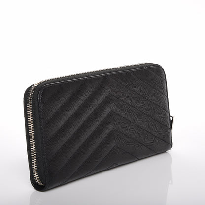 Saint Laurent Grain De Poudre Matelasse Chevron Monogram Zip Around Wallet Black 3 of 6