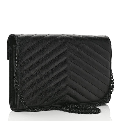 Saint Laurent Grain De Poudre Matelasse Chevron Monogram Monochrome Chain Wallet Black 3 of 11