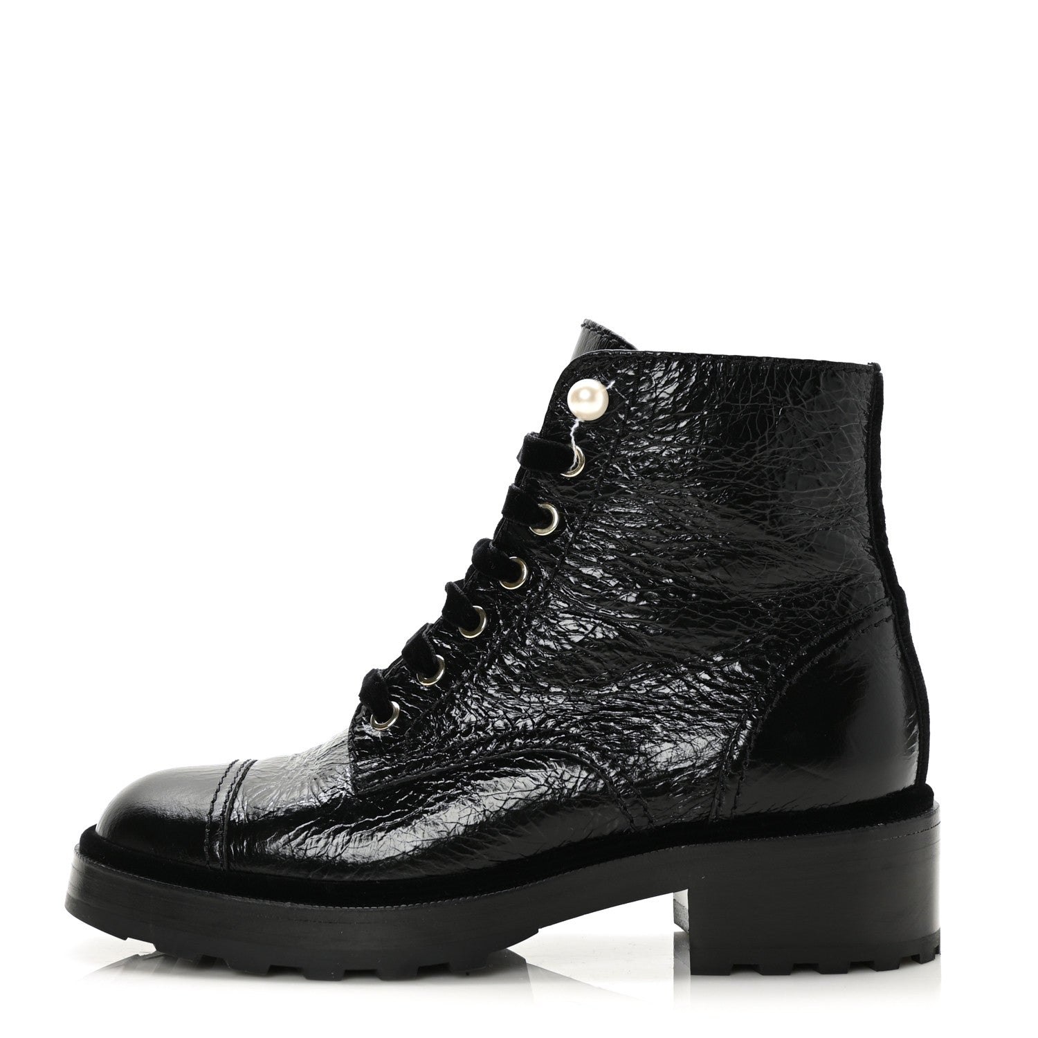 Chanel Shiny Calfskin Velvet Pearl Combat Short Boots 38 Black 1 of 7