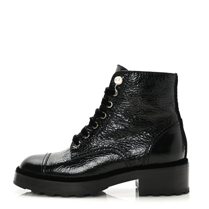 Chanel Shiny Calfskin Velvet Pearl Combat Short Boots 38 Black 1 of 7