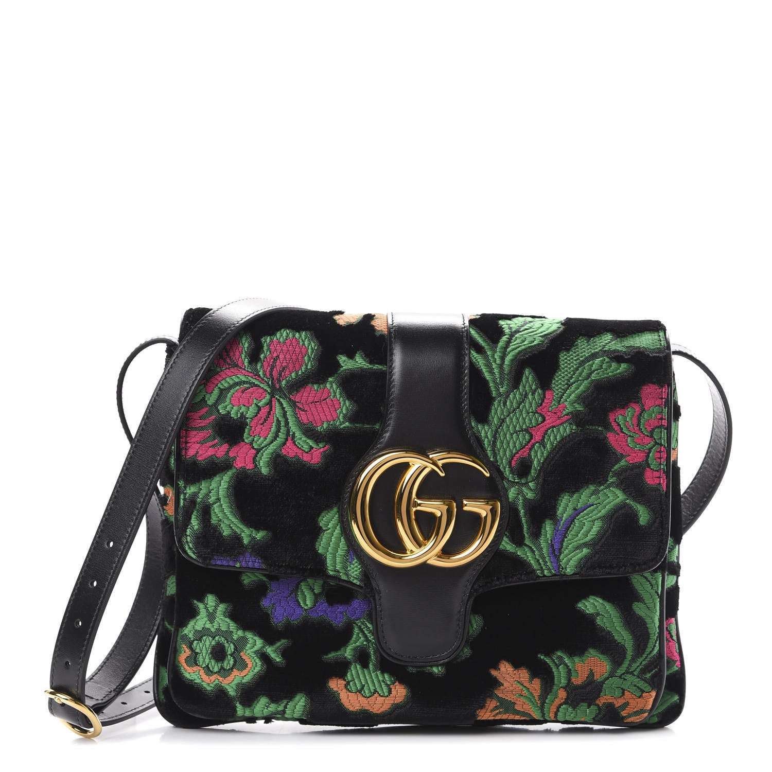 Gucci Velvet Jacquard Floral Embroidered Medium Arli Flap Shoulder Bag Black Green Multicolor 1 of 10