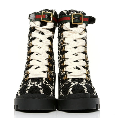 Gucci Tweed GG Lace Up Combat Ankle Boots 38 Black 2 of 4