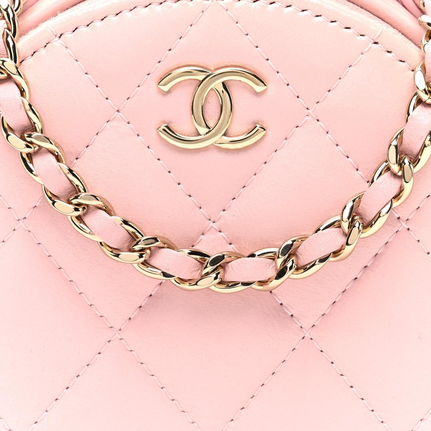 Lambskin Quilted Round Handle With Care Vanity With Chain Pink
